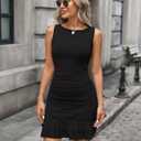 Women's Bodycon Boat Neck Mini Dresses Sexy Sleeveless Ruched Ruffle Hem Club Party Little Short Dress (Black, S)