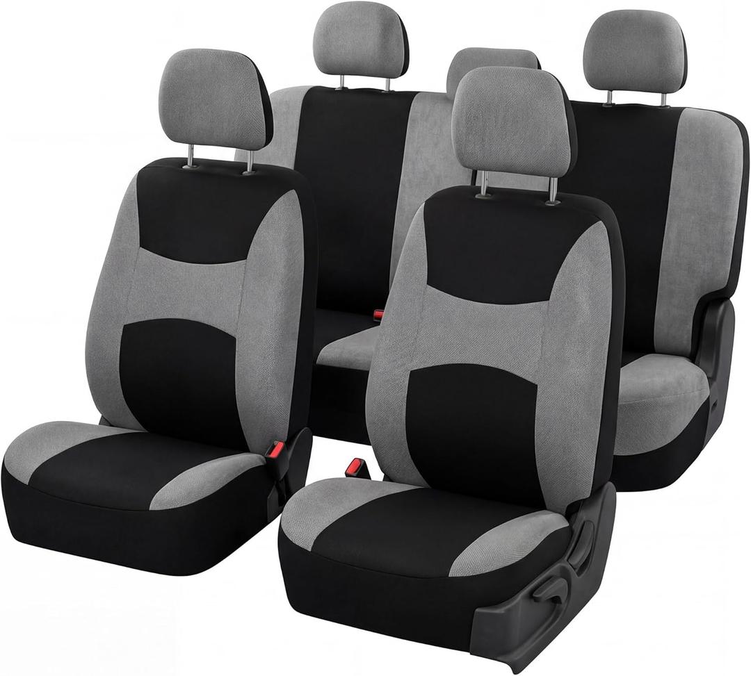 FH Group Car Seat Cover Light Breezy Gray Seat Cover Flat Foam Padding Cloth Full Set Automotive Seat Covers,Airbag Compatible & Split Rear Universal Fit Interior Accessories for Cars Trucks and SUV,  Gray, Full Set