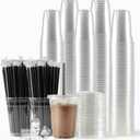 [200 Sets - 12oz Plastic Cups with Lids and Straws, Disposable Cups for Iced Coffee, Smoothie, Milkshake, Cold Drinks - Clear