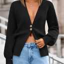 Womens Deep V Neck Button Cardigan Sweaters Long Sleeve Cropped Knit Sweater Y2k Cute Casual Fall Outfits Black (Black) Small
