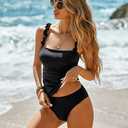 Tankini Swimsuits for Women Swimwear Ruffle Square Neck High Waisted Tummy Control Two Piece Swimsuit Vintage Bathing Suit (Black, M)