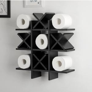 Weysat Tic Tac Toe Toilet Paper Holder Stand Bathroom Wall Decor Rustic Wooden Hanging Storage Freestanding Wall Mounted Shelves Decor for Toilet Tissue Farmhouse (Black)