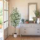 Olive Tree Artificial Indoor, 5ft Tall Silk Faux Olive Tree with White Planter, Artificial Plants with Natural Wood Trunk and Lifelike Fruits for Home Office Decor