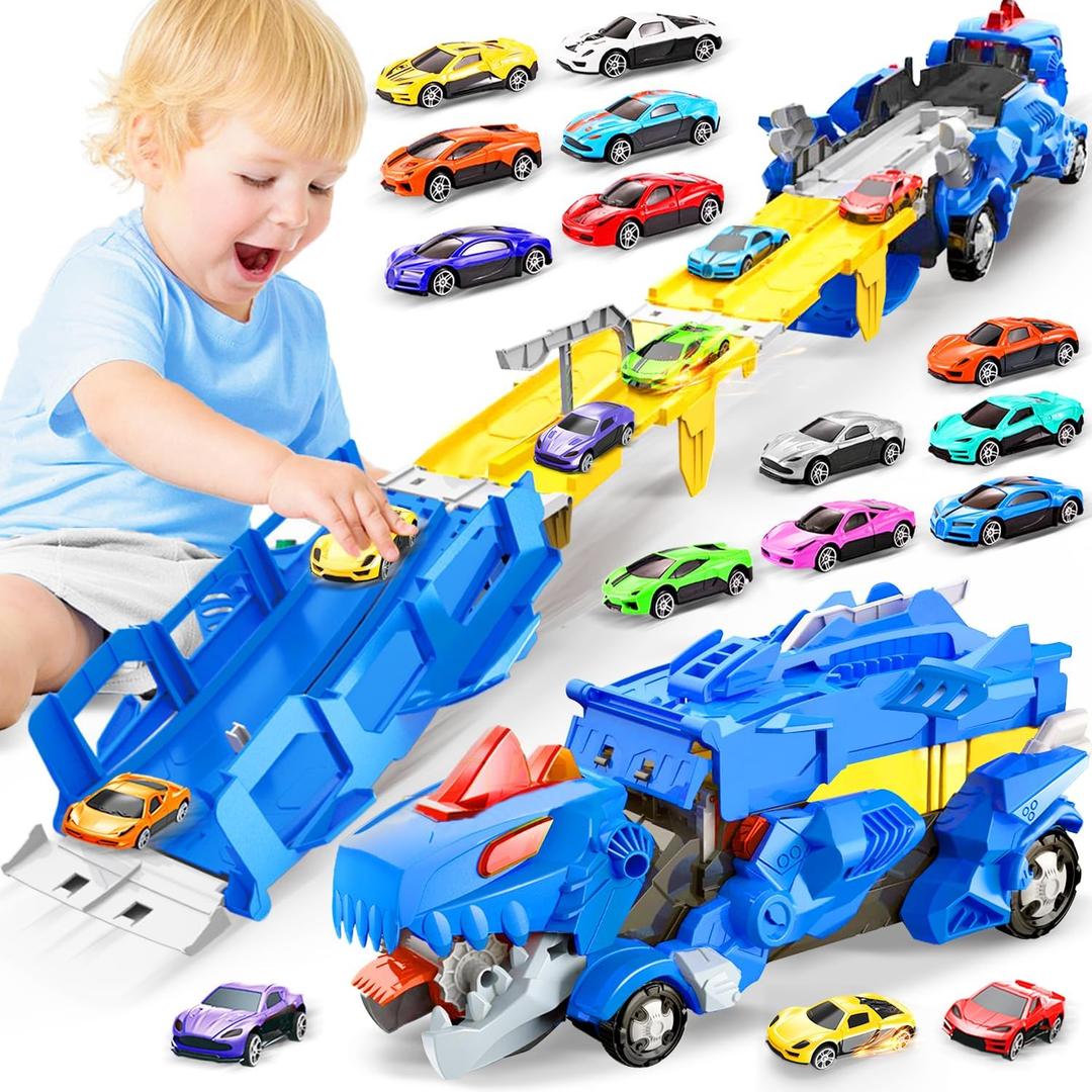 Dinosaur Toys for Kids 3-5, Dinosaur Truck with 12 Cars Toys, Car Track Set, Birthday Gifts Toys for 3 4 5+ Year Old Boys Girls, Transport Carrier Truck for Toddlers, Chritsmas Gifts