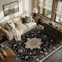 RELEANY Area Rugs 5'x7' Washable Non-Slip, Floral Vintage Distress Print Pattern Medallion Carpet for Living Room Bedroom Dining Room, Black Brown Neutral Dark Tan