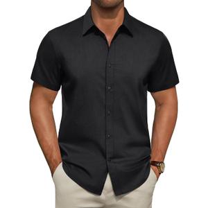 Men's Short Sleeve Dress Shirts Stretch Stain Shield Business Casual Button Down Shirts Solid Formal Wedding Tops (Black, M)