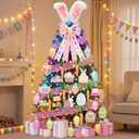 Easter Tree Decorations and Ornaments Set, Large Bunny Ear & Pink Bow Topper, LED Lights, Ribbon - Hanging Egg, Rabbit, Gnome & Carrot Wooden Decor for Home, Party, Table, Outdoor & Classroom