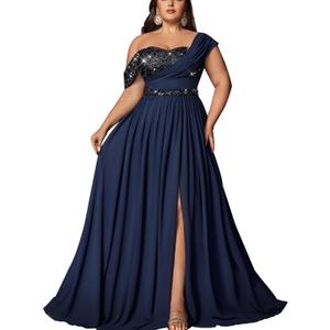 VOUIAO Women Plus Size Bridesmaid Dresses Sequin Summer Maxi Dress A Line Wedding Guest Prom Evening Party Cocktail Gown Navy Blue 2XL