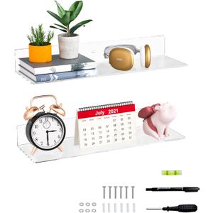 20 Inch Clear Wall Shelves for Wall, Wall Mounted Acrylic Floating Shelf for Plants, Speaker, Radio, Funko Pop, Stuffed Animal, Books, Cosmetics, Toiletries, 2 Pack (20 Inch)