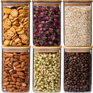 Xoniwis 37oz 6PCS Glass Storage Containers with Lids, Glass Jars with Lids Pantry Food Storage Jars, Square Canister For Cookie, Nuts, Snack, Cereal, Candy, LeafTea, Coffee, Spice