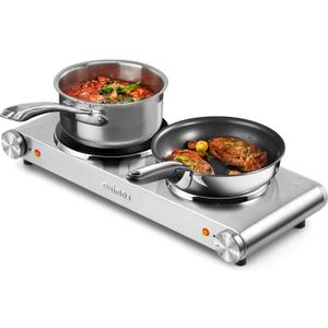 Hot Plate, CUSIMAX Double Burner, Electric Hot Plates for Cooking, 1800watts Portable Countertop Stove, Cast Iron Heating Plates, Used for Camping/Travel Trailers/Dorms, Stainless Steel Cooktop (Silver)