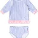 RuffleButts Baby/Toddler Girls UPF50+ Sun Protection Seersucker Short Sleeve Ruffle Rash Guard Bikini (5T, Periwinkle Blue)