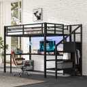 Full Size Loft Bed L-shaped Desk USB Metal Loft Bed Wardrobe Adjustable Shelf