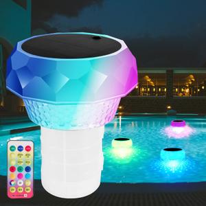 Solar-Powered Pool Chlorine Floater with Remote Control Color Changing Lights - Adjustable Dispenser for 3" & 1" Chlorine Tablets, Easy-Open Design, Large Capacity for Inground/Above Ground Pools