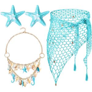 4 Pcs Mermaid Costume for Women Mermaid Crochet Skirt Swimwear Cover up Beach Necklace Starfish Hair Clip (Blue)