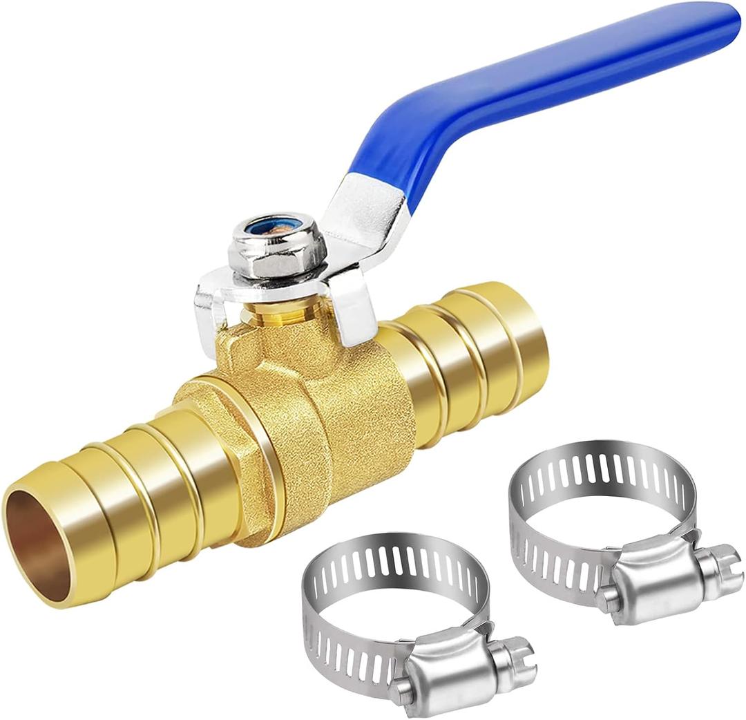 Brass Hose Barb Ball Valve Kit-1pcs 3/4'' Heater Hose Shut Off Valve with Stainless Steel Clamps-High Temperature Resistance Shut off PEX Ball Valve for Water, Oil, Gas, Fuel line Fittings
