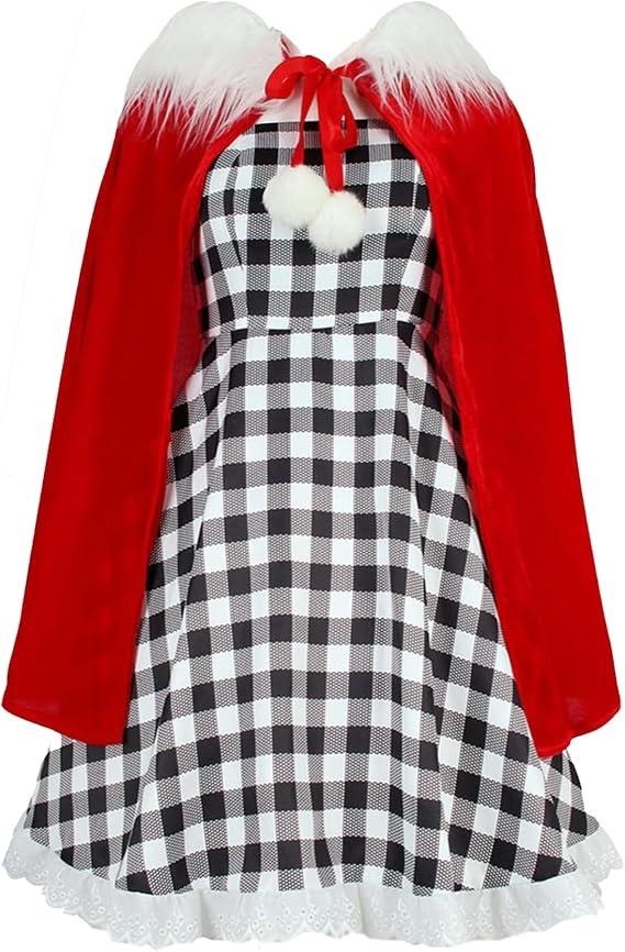GOLDSTITCH Womens Christmas Costume Santa Dress Outfits with Cloak Plaid Dress Xmas Party Birthday Dress Up Size 140
