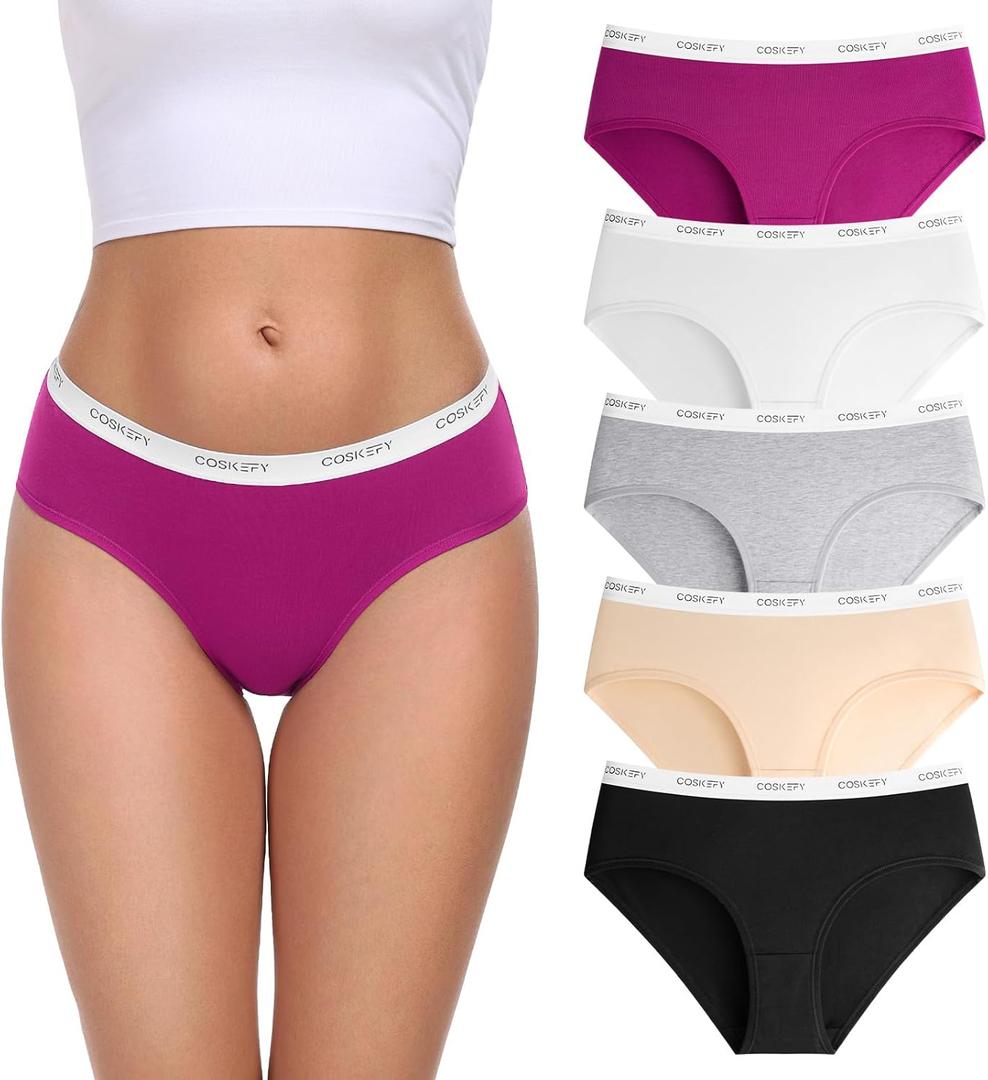 coskefy Women's Underwear Cotton Breathable Hipster Panties Soft Low Rise Bikini Ladies Workout Briefs 5 Pack (L)