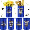 Domensi 12 Pcs 2026 Graduation Table Centerpiece Vase Decorations Class of 2026 Galvanized Metal Tin Vases for Artificial Flowers Grad Caps Cutlery Utensil Holder for Party Supplies Gifts (Blue)