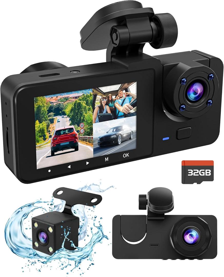 Dash Camera for Cars, 4K Car Camera, Dash Cam Front and Rear, Triple Car Camera, Built-in 32GB Card, G-Sensor, Motion Detection, Night Vision, WDR, Loop Recording