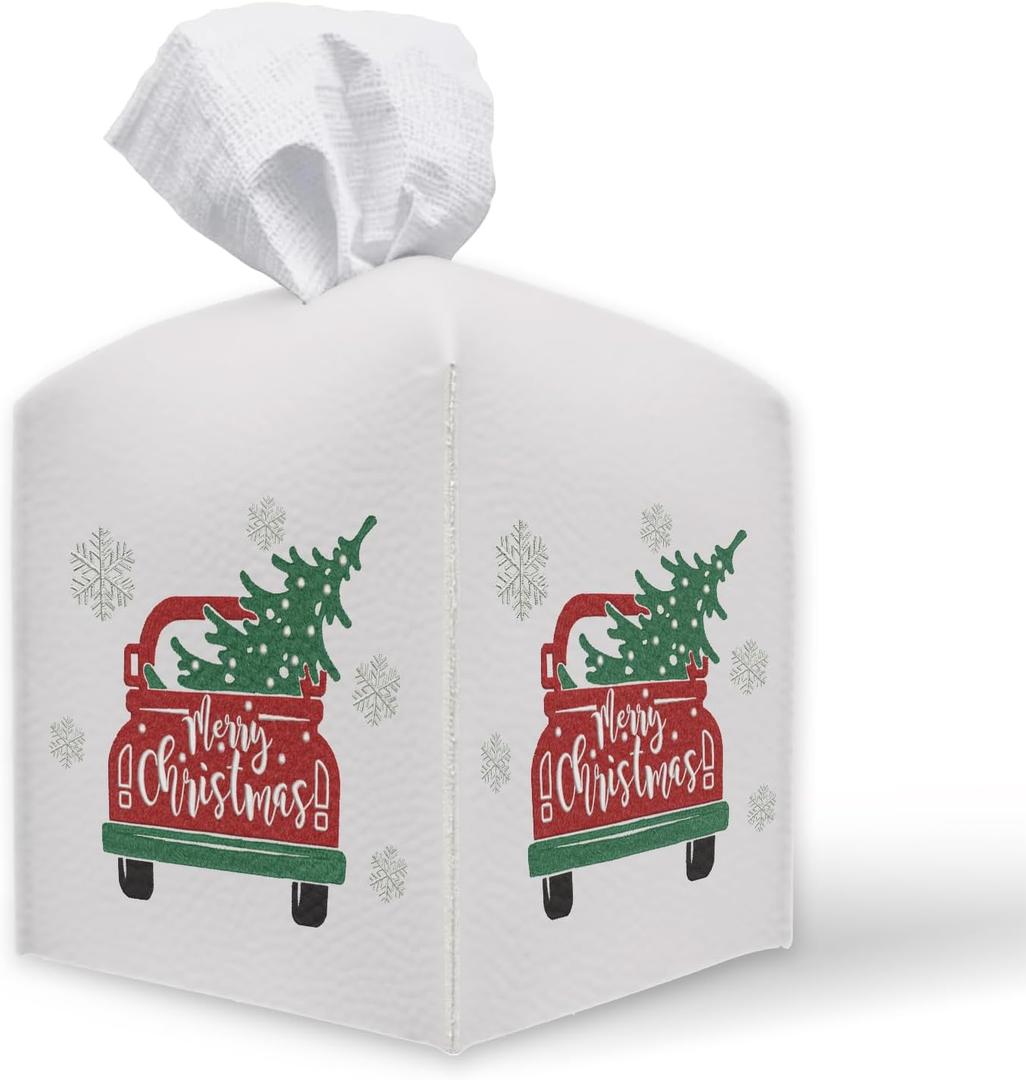 Christmas Eve Tissue Cover - Carriage with Christmas Tree, 5" Square Tissue Box Cover, Holiday Decorative Leather Case, Waterproof Leather Tissue Dispenser Organizer for Office and Home Decor - A08