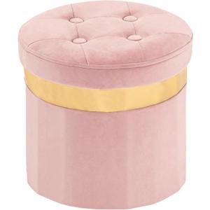 xuperbonus Small Ottoman with Storage,Folding Round Ottoman with Gold Trim,Velvet Storage Stool,Foot Stool with Soft Padded,Foot Rest for Living Room13x13x12.4 (Pink, 1pcs)