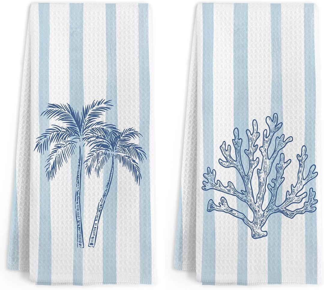 Coastal Beach Palm Tree Coral Kitchen Towels, Preppy Coastal Coral Hand Towels Decor, Beachy Tropical Palm Tree Decorative Hand Dish Tea Towel for Kitchen Bathroom, 16x24 Inch
