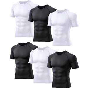 TELALEO 6 Pack Men's Compression Shirt Short Sleeve Athletic Baselayer Sports T Shirts Workout Tops for Men Black White (Large)