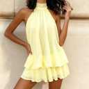 Womens Trendy Halter Mini Dress Chiffon Ruffle Low Back Flowy Going Out Dress for Summer Cocktail Birthday Party (Yellow, S)