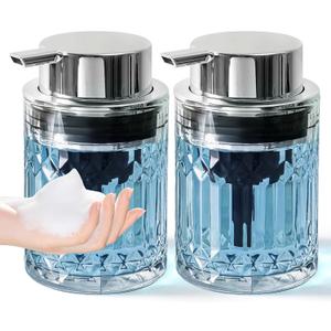 Foaming Soap Dispenser, 2 Pack Clear Glass Foam Hand Soap Dispenser for Bathroom, Refillable 7.8 Fl Oz Foamy Pump Bottle with Plastic Sliver Pump, Vintage Dish Soap Foam Dispenser Container