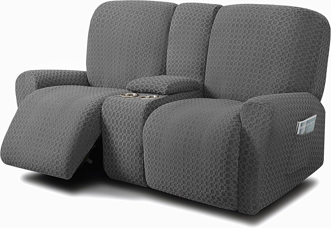 ULTICOR Reclining Love Seat with Middle Console Slipcover, 8-Piece Jacquared Stretch Loveseat Reclining Sofa Covers, 2 seat Loveseat Recliner Cover, Thick, Soft, Washable, (Style 2) (Dark Grey)