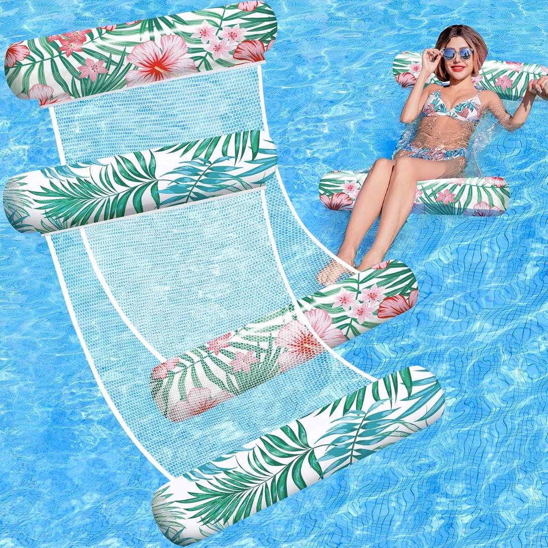 Pool Floats Adult, 2 Pack Inflatable Pool Floats, 4-in-1 Multi-Purpose Rafts Lounger Water Hammock for Swimming Pool, Thick PVC Pool Floaties for Adults Vacation