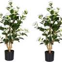 Romantic Season 2Pack Artificial Camellia Tree 3FT, White Faux Camellia Plant Fake Potted Camellia Flower Tree Plastic Camellia Tree for Modern Home Office Living Room Floor Dcor Indoor