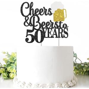 Cheers & Beers to 50 Years Cake Topper Happy 50th Birthday Cake Topper 50th Anniversary Party Supplies Black Glittery