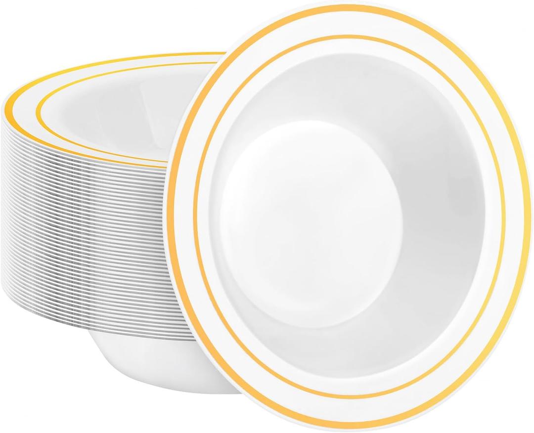 50 Pack Disposable Soup Bowls with Gold Rim, 12oz Premium Heavy Duty Plastic Dinner Bowls for Party, Wedding and Holiday