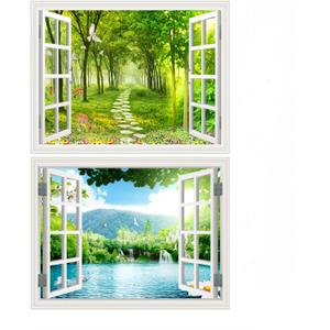 2pcs 3D Self-Adhesive Painting Fake Window Wall Stickers Tropical Island with Palm Trees Wall Mural Window View Wall Decor for Home (Forests and Lakes, 17.3"27.6")