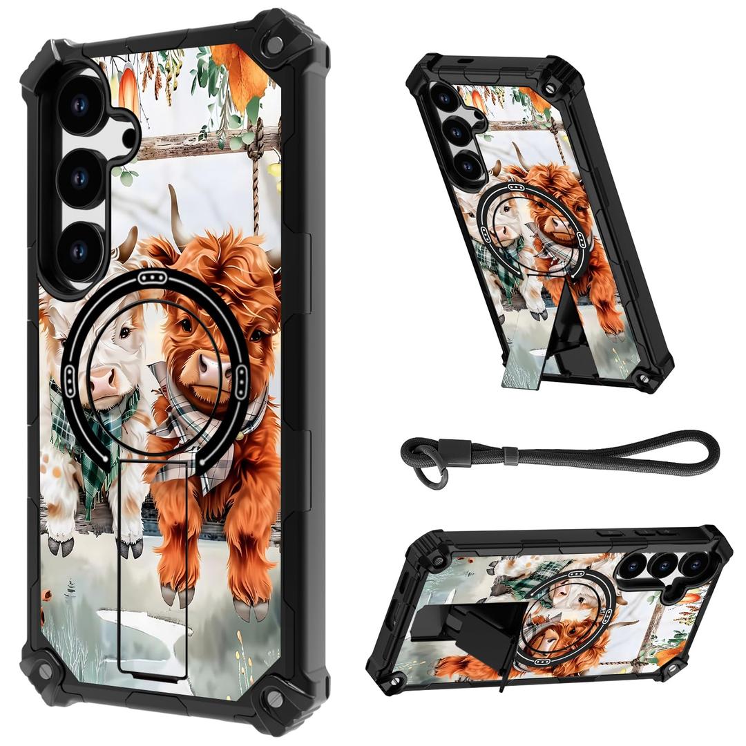 HJCYXJLK for Samsung Galaxy A16 Case, Heavy Duty Dual-Layer Shockproof Bumper Cover, Magnetic Back & Kickstand, Wrist Strap, Rugged Protective Phone Case for A16, Cute Highland Cows