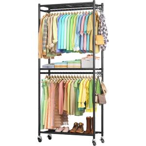Sakugi Clothes Rack - 33.0" x 12.2" x 79.5" Clothing Rack with Shelves & Wheels, Multi-Functional Wardrobe Closet with Hooks, Sturdy Metal Garment Rack for Bedroom, Laundry, Balcony (Black)