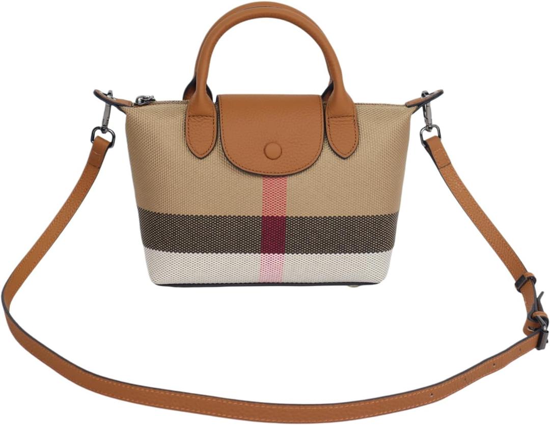 Mini Vintage Plaid purse handbags for women Small adjustable structured satchel purses Stiff canvas Genuine Leather, 8.66X7.08X3.80 INCH