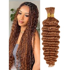 Urbeauty Human Braiding Hair #30 Color, Deep Wave Human Hair for Boho Braids, Brown Curly Bulk Human Hair for Micro Braiding No Weft, 100% Unprocessed Human Hair Bohemian/Knotless/Goddess/Gypsy, Pack of 3