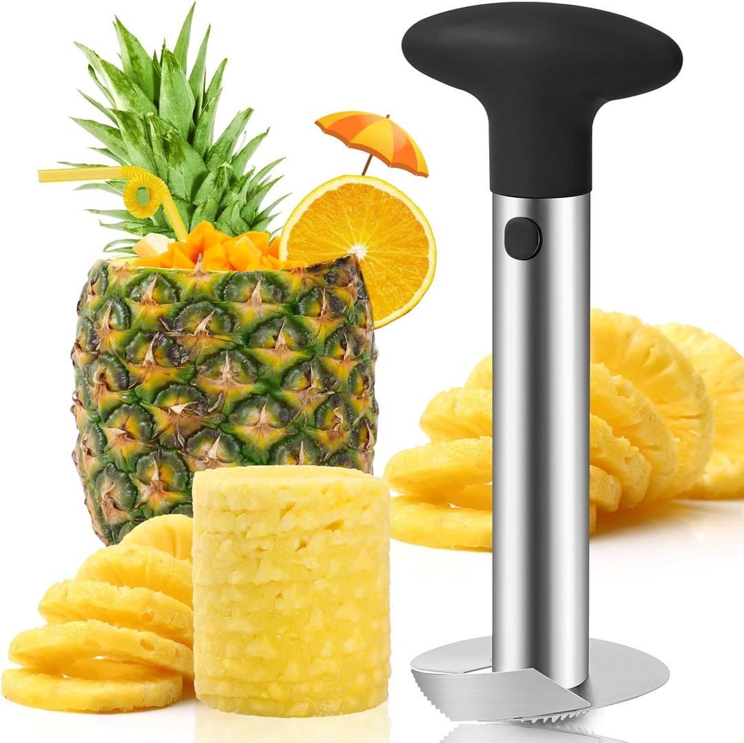 AUBENR Premium Pineapple Corer and Slicer Tool - Sharp Pineapple Cutter with Serrated Tips - Easy to Use and Clean - Stainless Steel Core Remover for Pineapple - Core Fruits with Ease(Black)