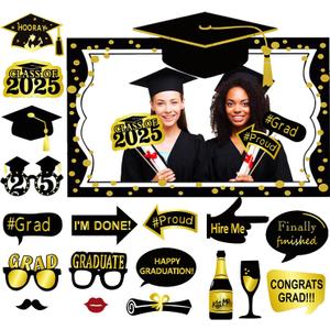 2 x Large Size Graduation Photo Frame + 18 Graduation Photo Booth Props - Grad Class of 2025 Decorations Favors