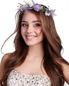 AWAYTR Flower Crowns for Women Flower Headband Adjusatble Flower Girl Headpiece Headband Fairy Crown for Bridal Wedding Festival Party Photo (Purple + White)