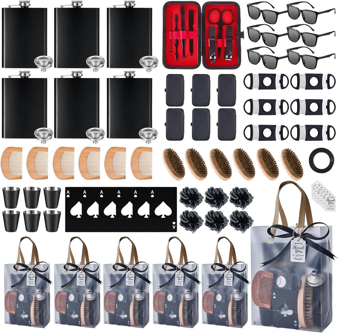74PCS Baby Shower Prizes for Men 6 Set with 8 oz Stainless Steel Hip Flask with Funnel Bottle Opener Manicure Kit Bath Sponge Sunglasses Gift Bag Baby Shower Game Prizes for Winner Bachelor Party (Black)