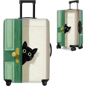 Black Cat Peeking Door Luggage Cover – Stretchable Travel Suitcase Protector for 2022 Inch Luggage – Whimsical Green Door and Beige Wall Design, Small