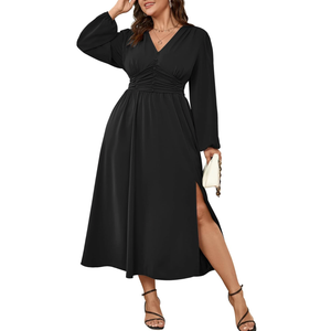 Womens Plus Size Wedding Guest Cocktail Maxi Dress Long Sleeve Elastic Waist V-Neck A-Line Side Slit Flowy Dresses, 3XL