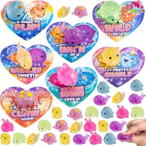 JOYIN 28 PCS Valentines Day Gift Cards with Glitter Mochi Squishy Toys, Cute Sea Animals Mochi to Squeeze, Stress Relief Fidget Toys for Kids Valentine Party Favor Classroom Class Exchange Prizes