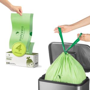 SUPERBIO 4 Gallon Compostable Drawstring Food Scrap Bags, 15.1 Liter, 40 Count, 0.9 Mil, Heavy Duty Waste Bags, BPI, Seedling and OK compost INDUSTRIAL