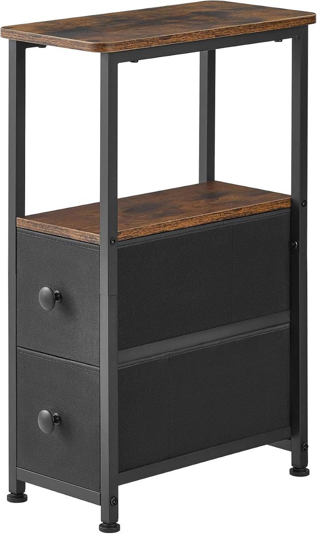 DALEMHOME End Table, Narrow Side Table with 2 Fabric Drawers, Slim Nightstand, Small Bedside Table with Storage, Living Room, Bedroom, Rustic Brown HKET1200BR
