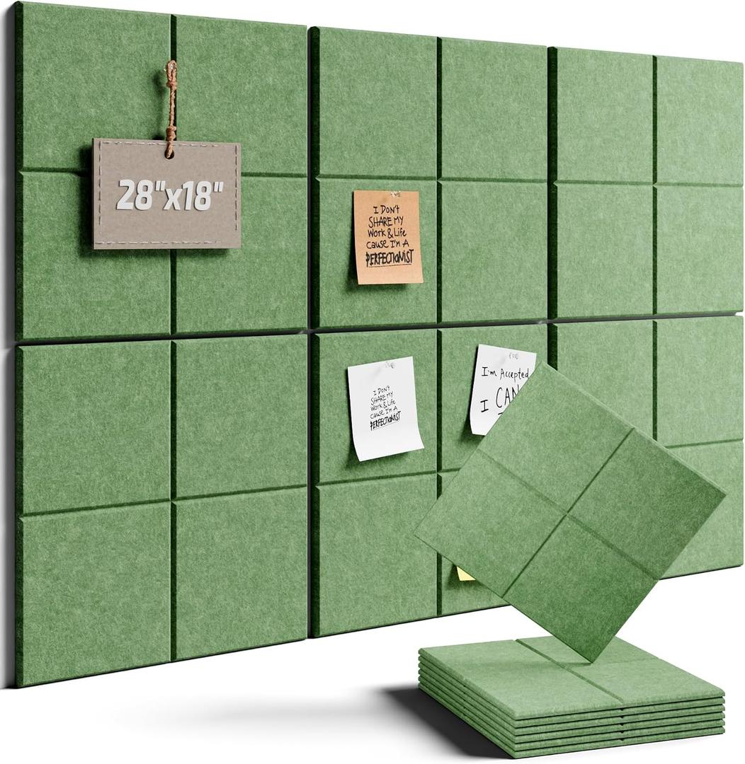 Felt Bulletin Board Tiles -28"x18" Cork Board Alternative for Office Decor, Push Pin Board Wall Organizer 6-Pack - Moss Green